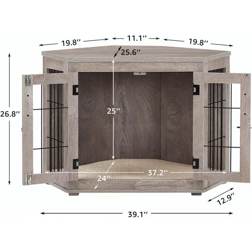 Furniture Corner Dog Crate/Kennel Wooden End Table with Cushion, Indoor Pet Crate Side Table for Small Medium Dogs Puppy, Perfe