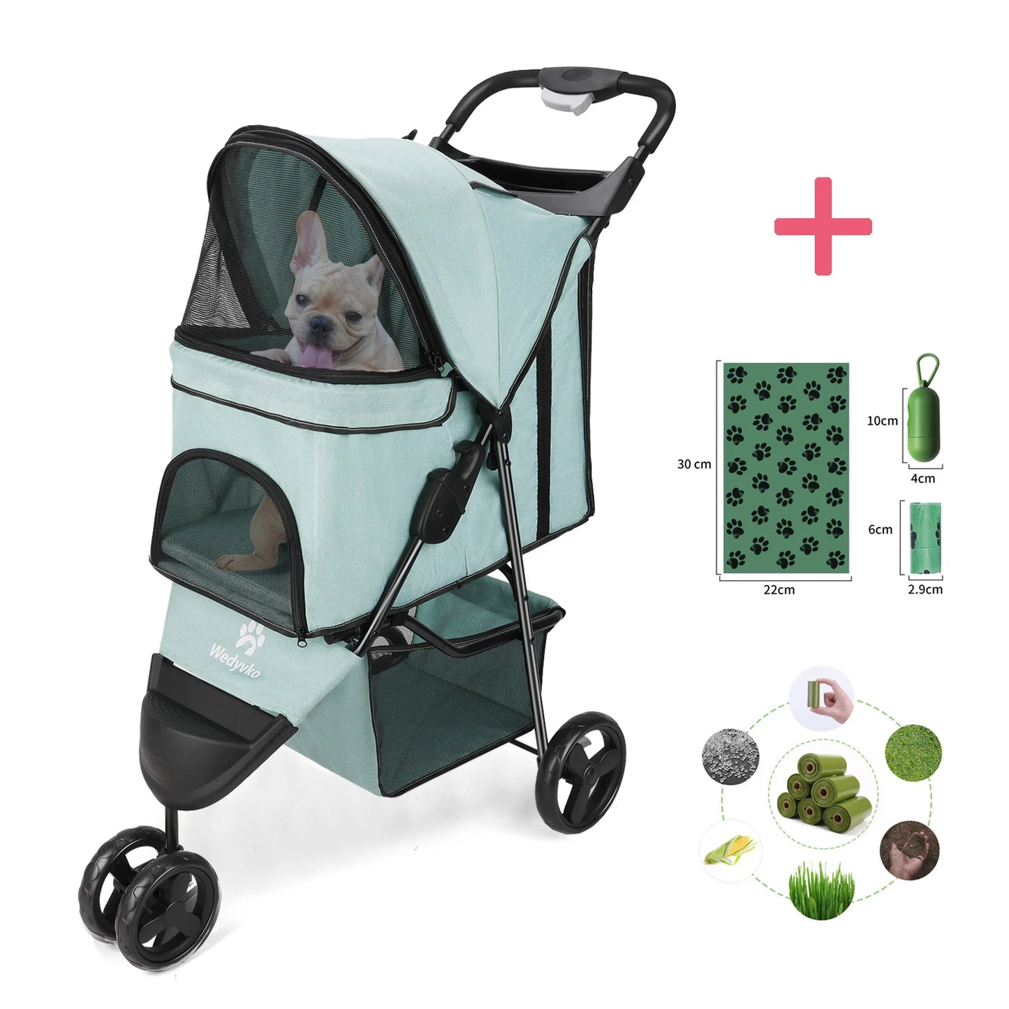 Three Wheel Foldable Pet Stroller For Dogs And Cats With Storage Basket And 360 Degree Swivel Handle