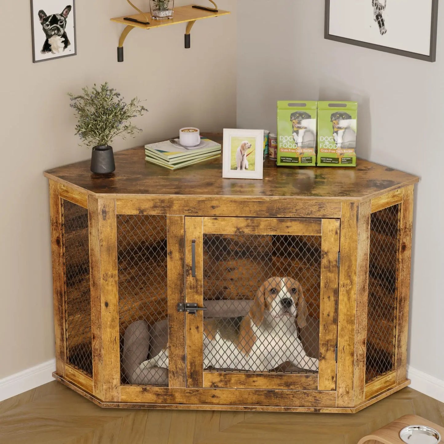 44 Inch Corner Dog Crate Furniture Wooden Kennel With Mesh