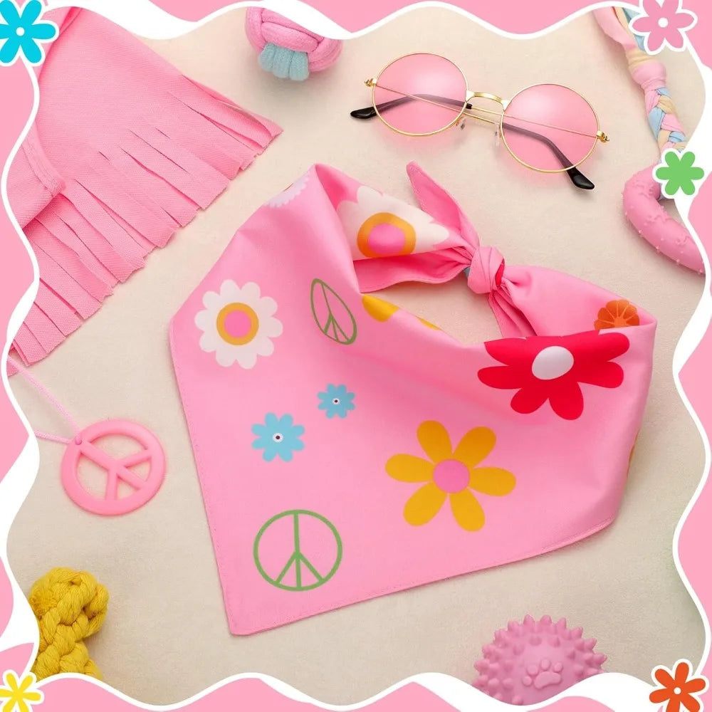 Hippie Dog Halloween Costume Set Pink Cloak Bandana Necklace