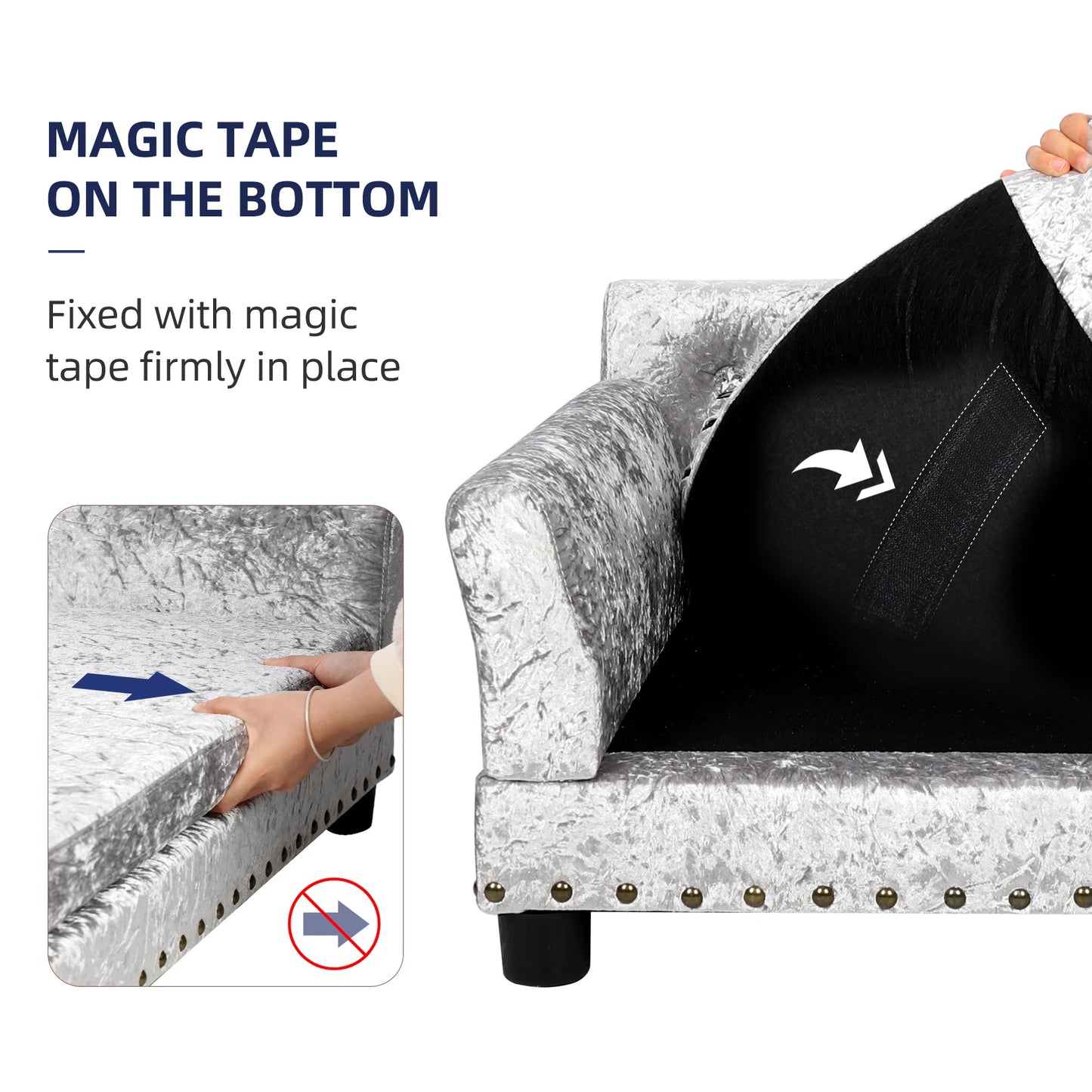 Luxury Velvet Tufted Dog Sofa Bed Large Elevated Pet Bed Upholstered Cushion Wooden Frame Couch