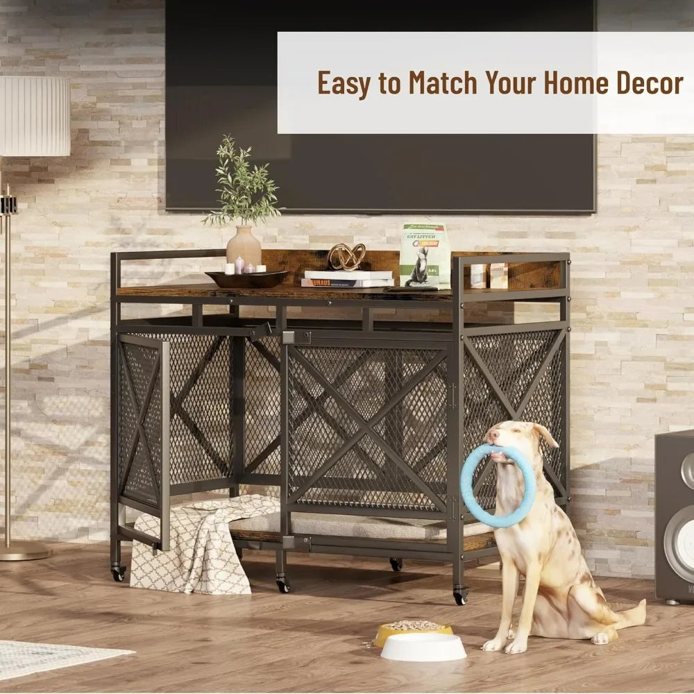 Large Dog Crate Furniture 48 Inch Heavy Duty Kennel Wheels