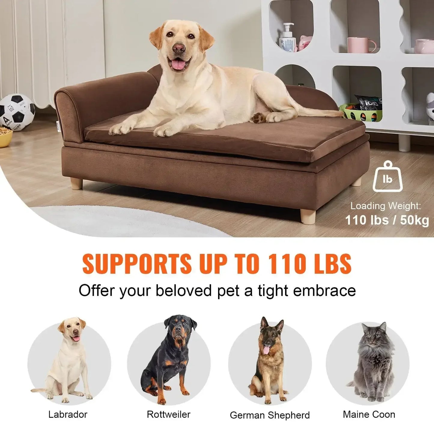 Pet Sofa for Large Dogs and Cats Dark Brown Velvety Bed