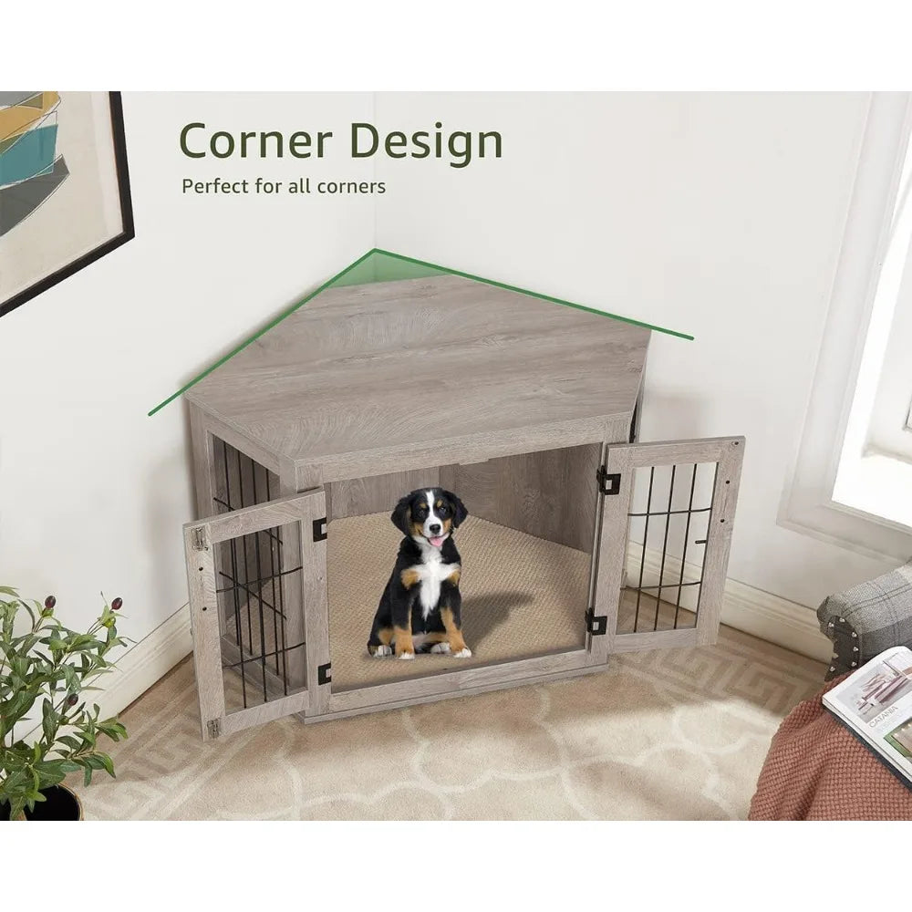 Furniture Corner Dog Crate/Kennel Wooden End Table with Cushion, Indoor Pet Crate Side Table for Small Medium Dogs Puppy, Perfe