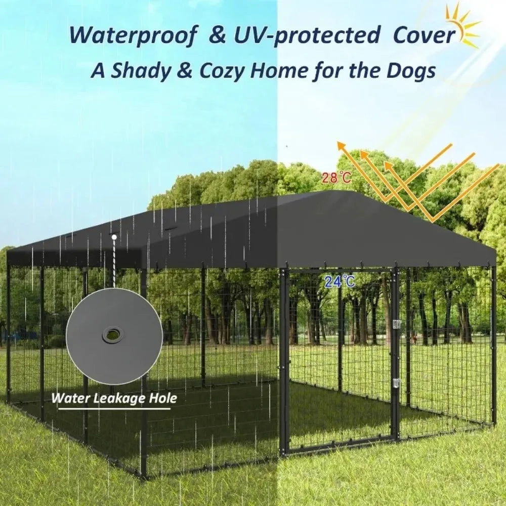 Large Dog Kennel Outdoor with Waterproof Roof Cover Heavy Duty Dog Enclosure with Upgraded Metal Mesh and Secure Door Locks