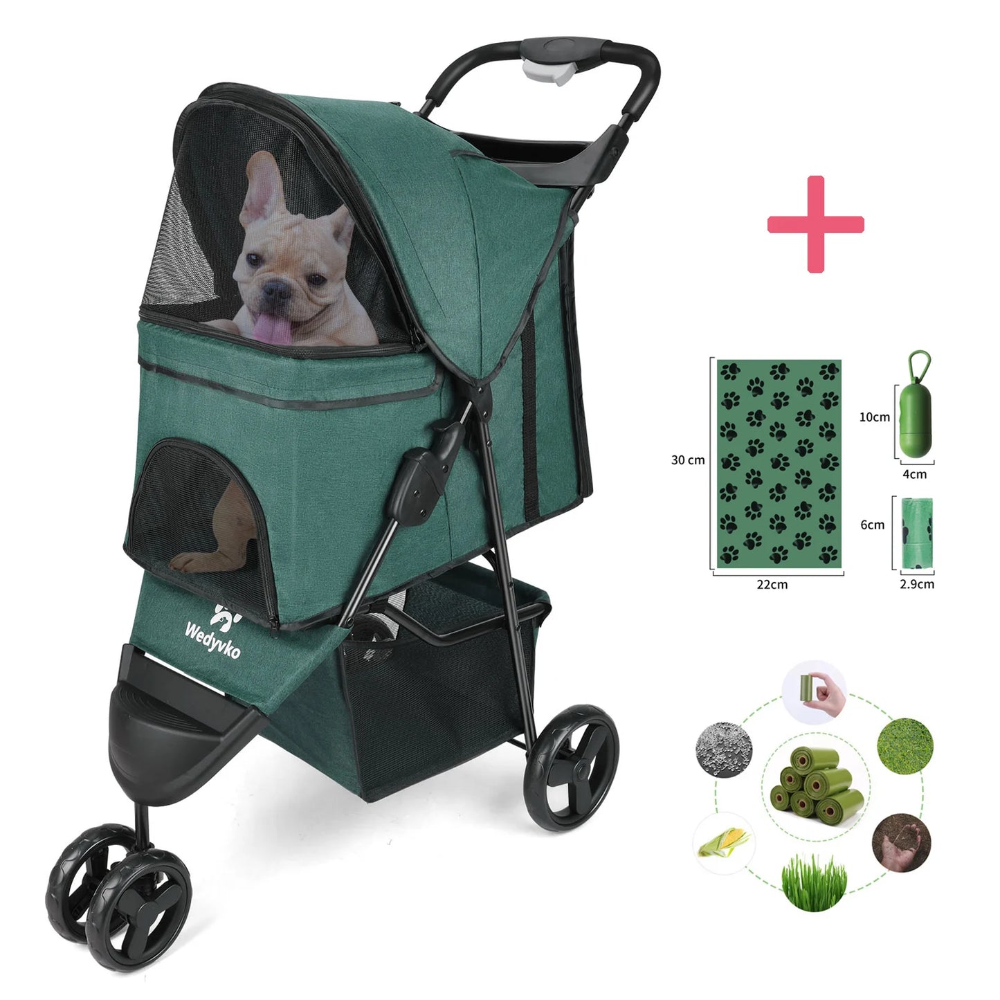 Three Wheel Foldable Pet Stroller For Dogs And Cats With Storage Basket And 360 Degree Swivel Handle