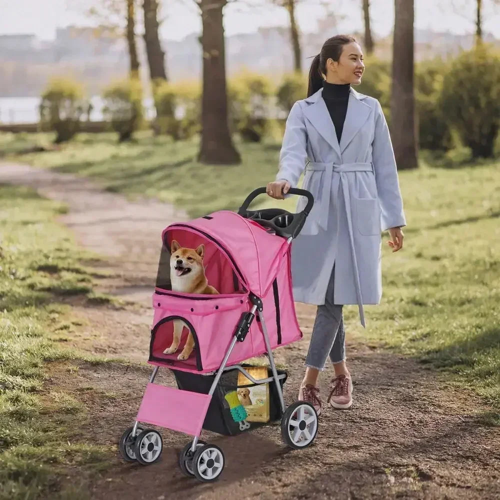 Foldable Carrier Strolling Cart 4 Wheel Pet Stroller, for Cat, Dog w/ Cup Holder