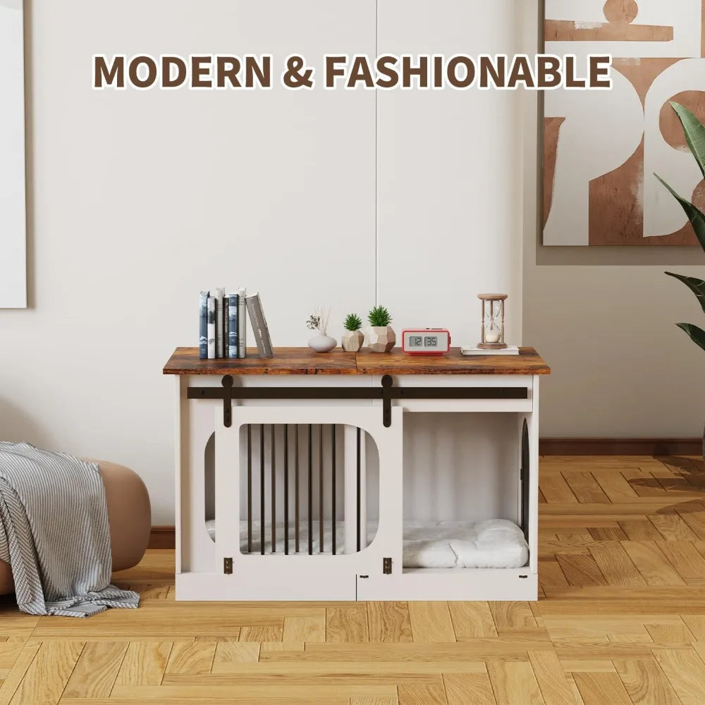 XL Dog Kennel Furniture Farmhouse Crate With Cushion Indoor White Thick Wooden Dog Cage 39.4 Inches