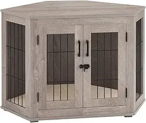 Furniture Corner Dog Crate/Kennel Wooden End Table with Cushion, Indoor Pet Crate Side Table for Small Medium Dogs Puppy, Perfe