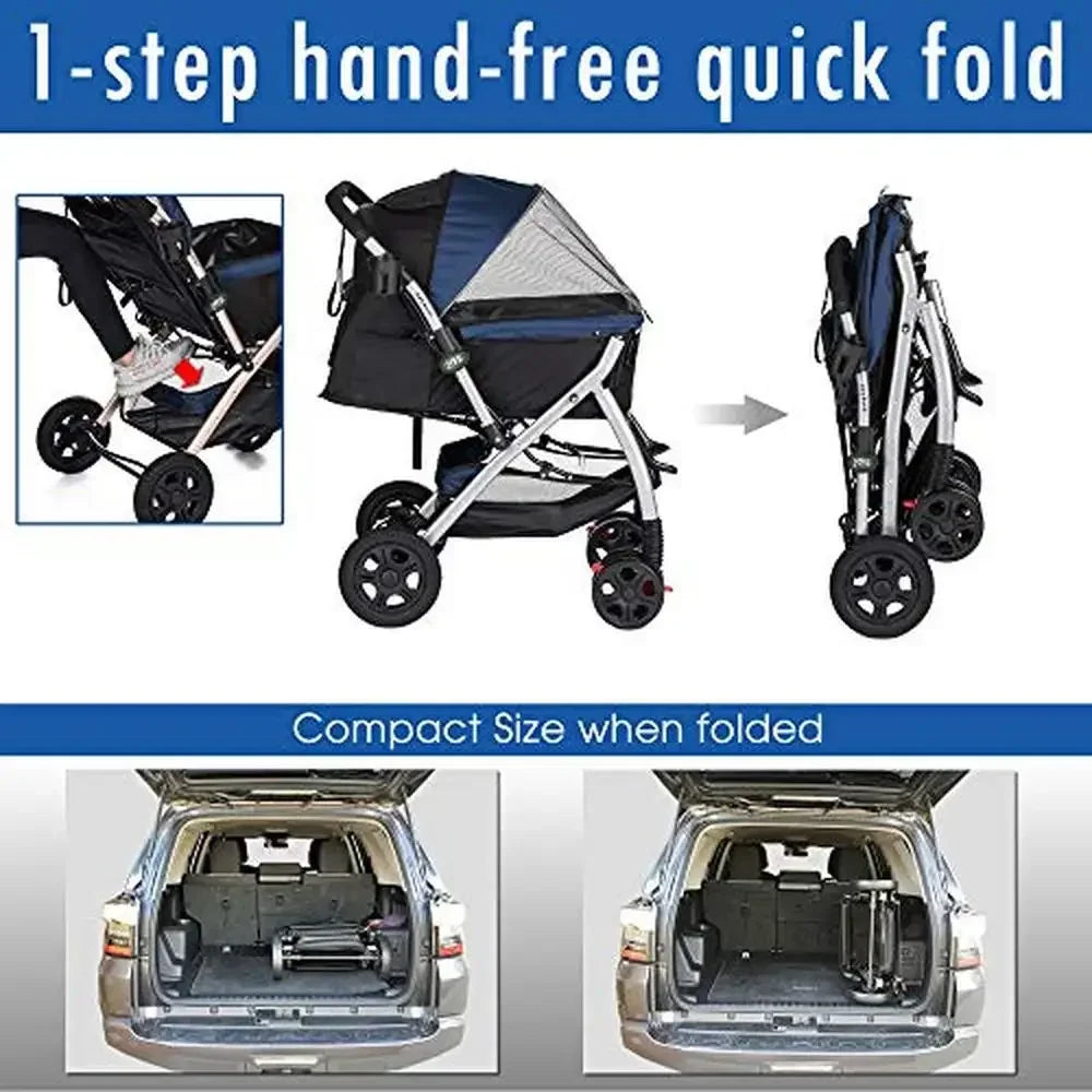 Heavy Duty Dog Cat Stroller With Convertible Compartment Reversible Entry And Brake System For Travel And Shopping