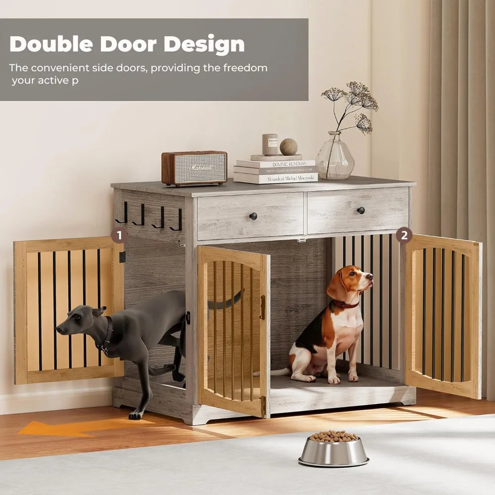 Wooden Dog Crate End Table Furniture With Storage Drawers And Double Doors Heavy Duty Kennel