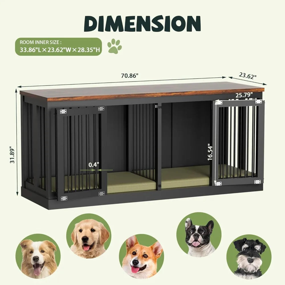 71 Inch Wooden Double Dog Crate Furniture For Large Breeds