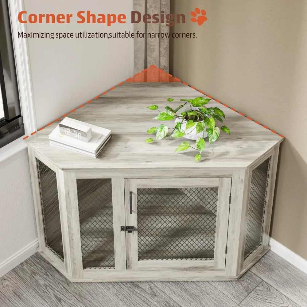 44 Inch Corner Dog Crate Furniture Wooden Kennel With Mesh
