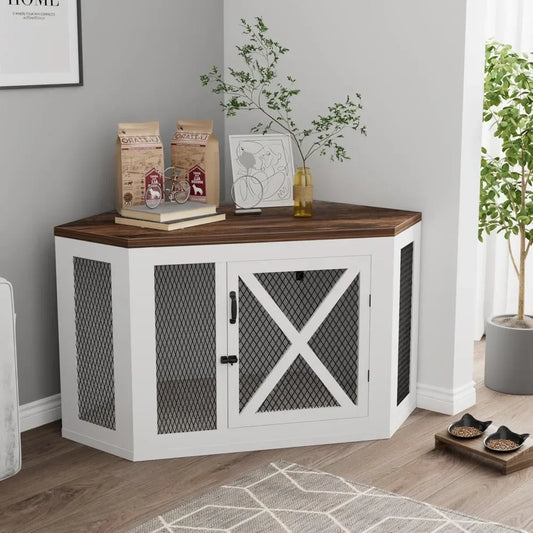 Corner Dog Crate Furniture Kennel End Table Mesh Panels