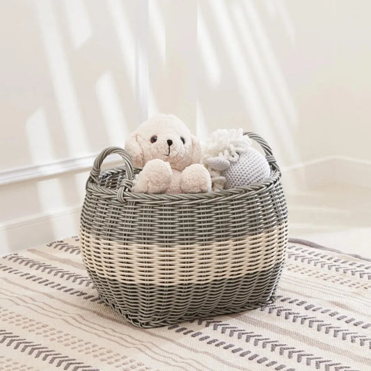 Zita Oval Resin Woven Wicker Multi Use Storage Basket with Handles 18 Inch x 15 Inch x 15 Inch White Gray for Towels Toys Magazines