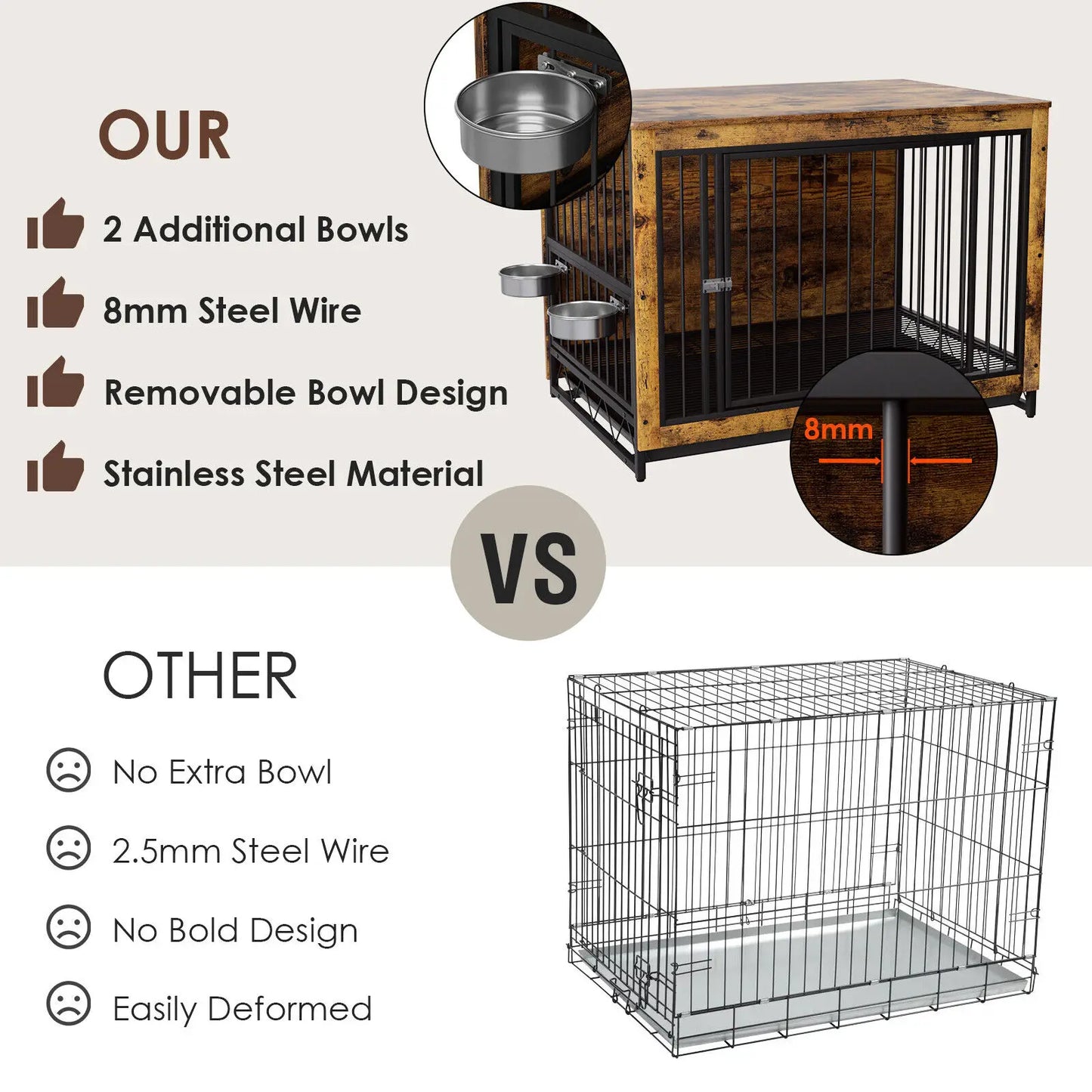 Wooden Dog Crate Furniture With 360 Rotatable Removable Bowls End Table Tray Double Doors Kennels For Medium Indoor Dogs