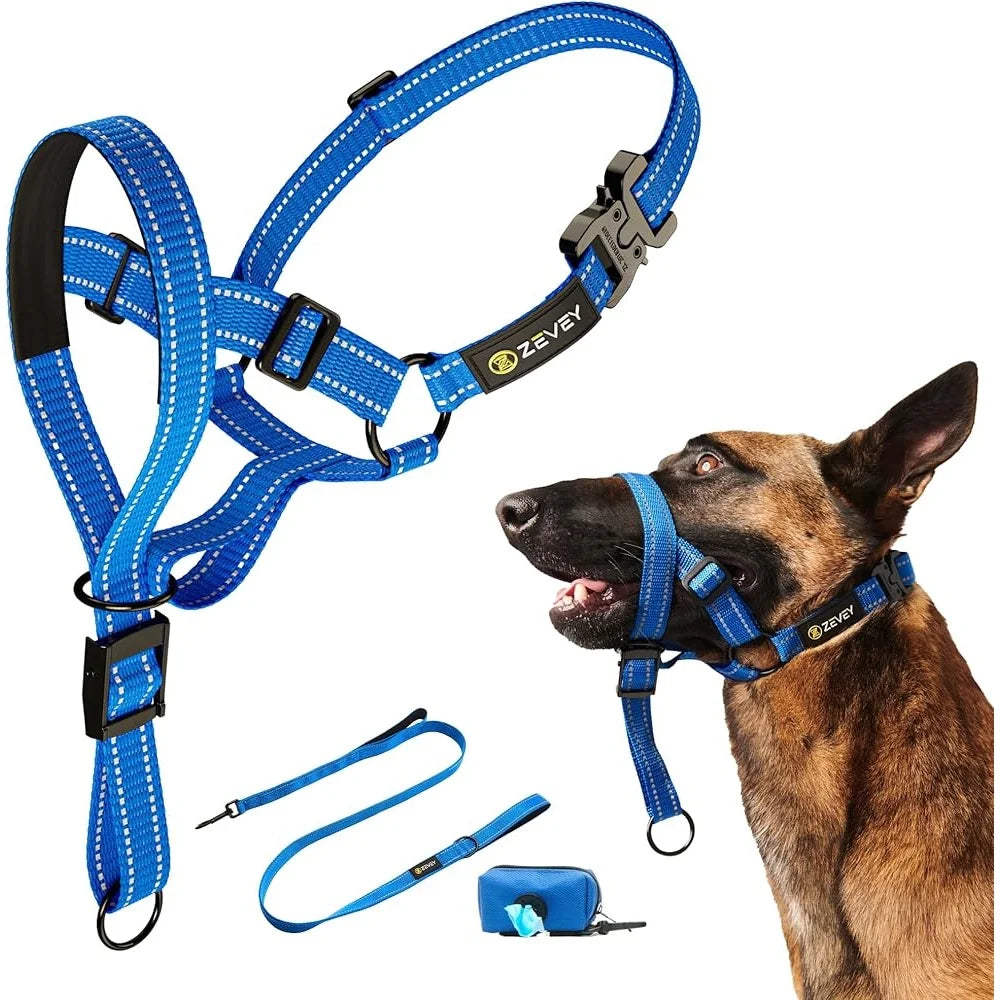 Dog Headcollar with Leash Safety Strap Adjustable Comfortable Fit Reflective Nylon Buckle Design for Dogs