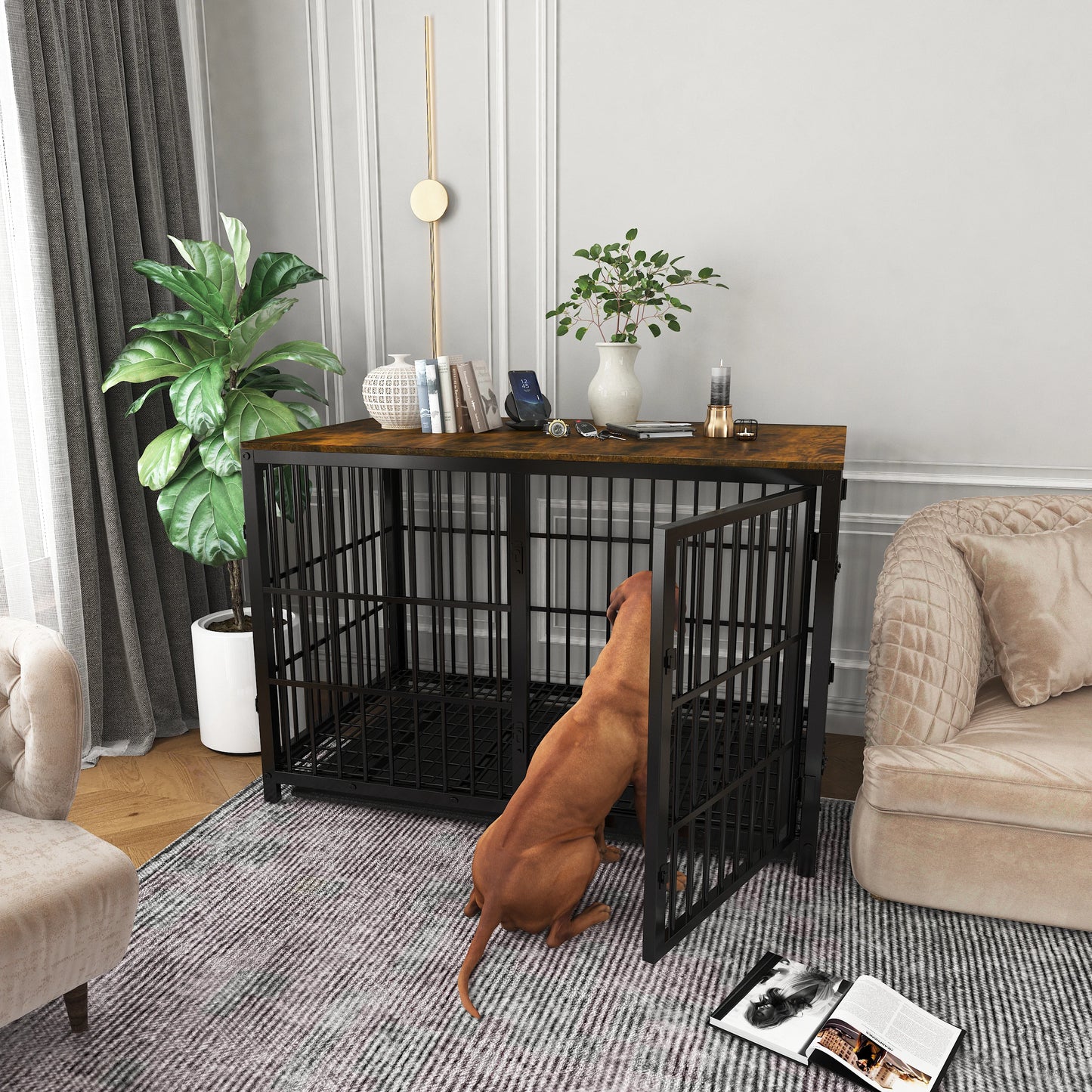 Furniture Style Extra Large Wooden Dog Cage Kennel End Side Table With Tray And 3 Doors For Medium To Large Dogs