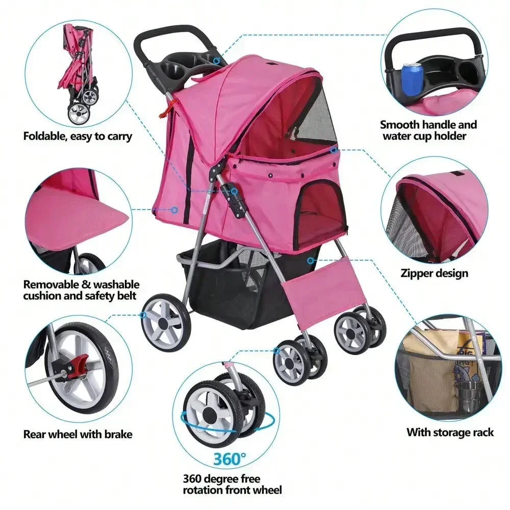 Foldable Carrier Strolling Cart 4 Wheel Pet Stroller, for Cat, Dog w/ Cup Holder