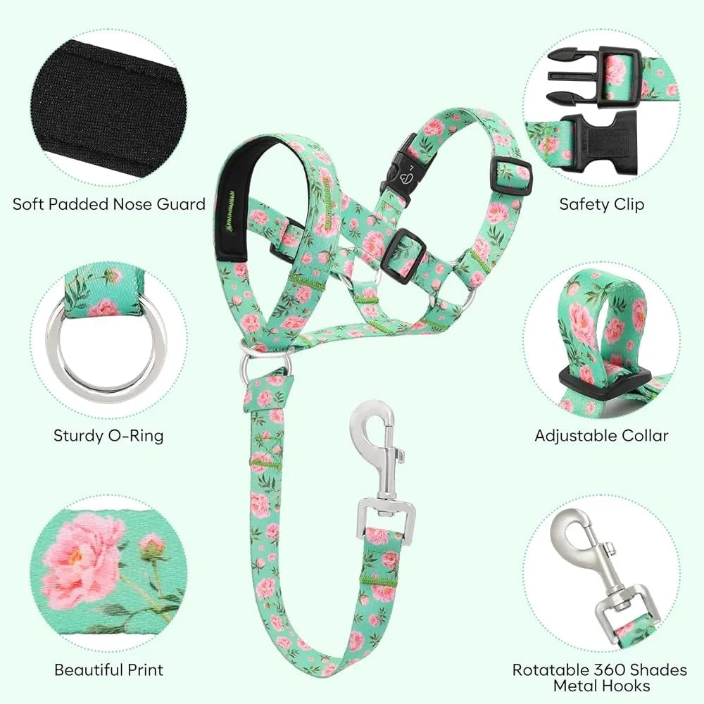 Adjustable No Pull Dog Head Halter Gentle Lead Safety Link Soft Nylon Collar Training Comfortable Walking Harness