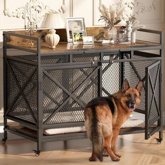 Large Dog Crate Furniture 48 Inch Heavy Duty Kennel Wheels