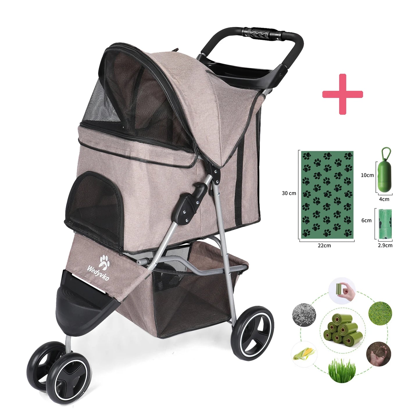 Three Wheel Foldable Pet Stroller For Dogs And Cats With Storage Basket And 360 Degree Swivel Handle