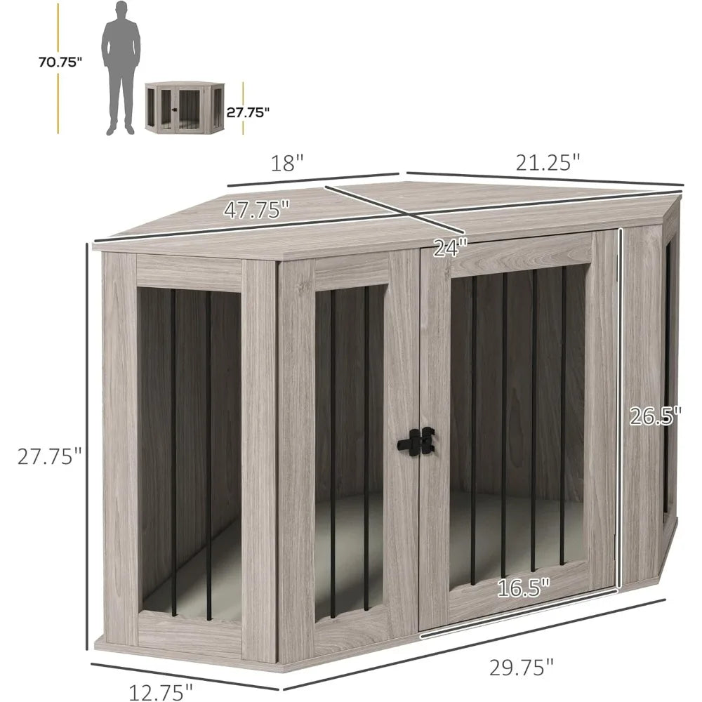 Corner Dog Crate Furniture, End Table Dog Kennel Furniture with Cushion, Pet Crate for Large-Sized Dog Indoor Use, Walnut Brown
