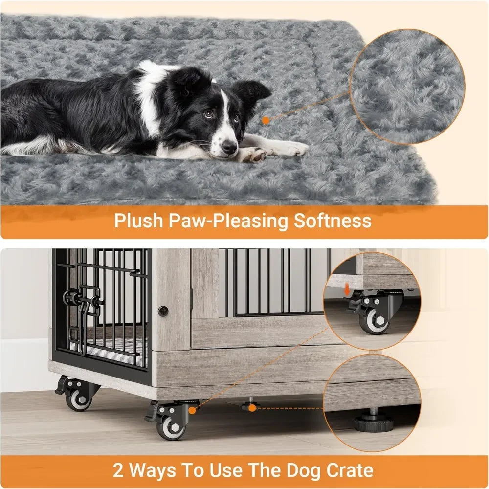Indoor Wooden Dog Kennel With Cushion And Wheels End Table