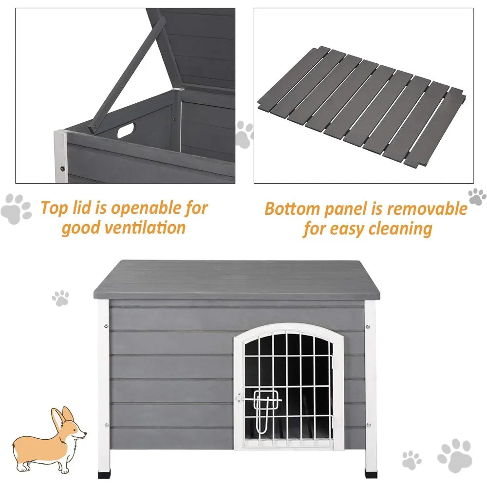 31 Inch Wooden Dog Cage Kennel With Wire Door And Lock Grey