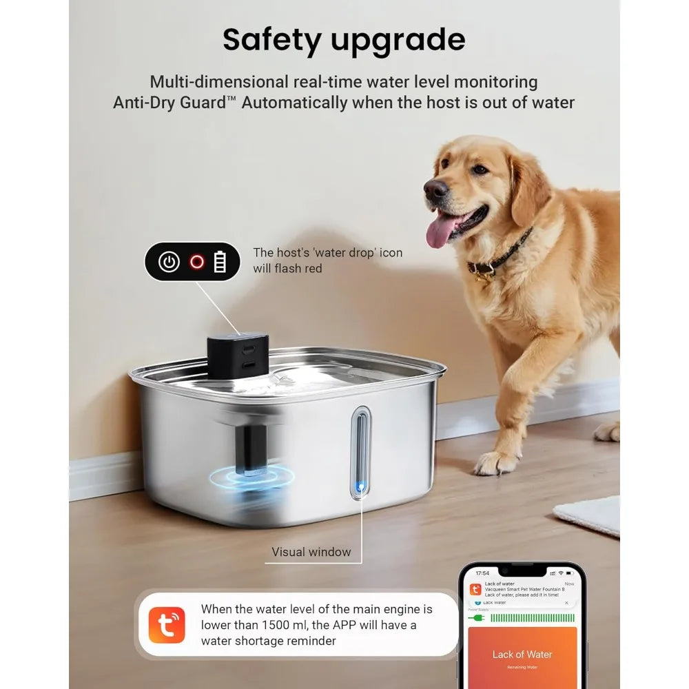 Large 10L Dog Water Dispenser Fountain Stainless Steel Pet Waterer With App Monitoring