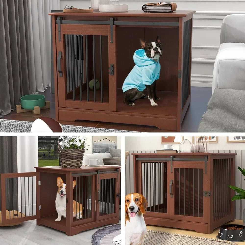 Solid Wood Farmhouse Style Dog Crate With Dual Door Access For Medium Dogs Indoor Kennel