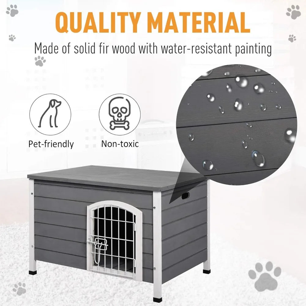 31 Inch Wooden Dog Cage Kennel With Wire Door And Lock Grey