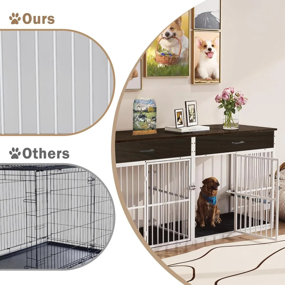 71 Inch Heavy Duty Large Dog Crate 2 Dogs TV Stand Wood
