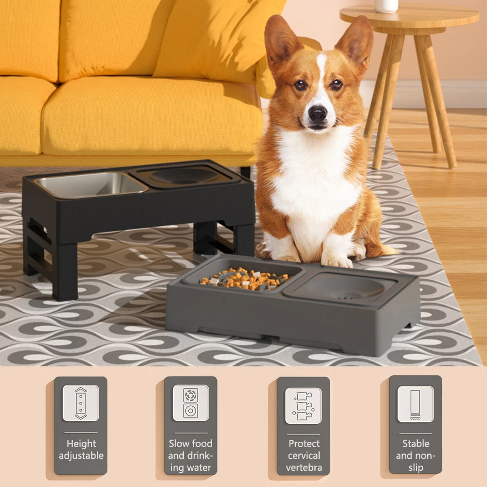 Elevated Dog Food Slow Feeder with Adjustable Heights Raised Dog Bowl Stand and Stainless Steel Bowls Anti Slip Design
