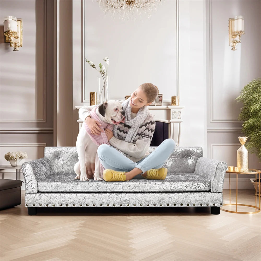Luxury Velvet Tufted Dog Sofa Bed Large Elevated Pet Bed Upholstered Cushion Wooden Frame Couch