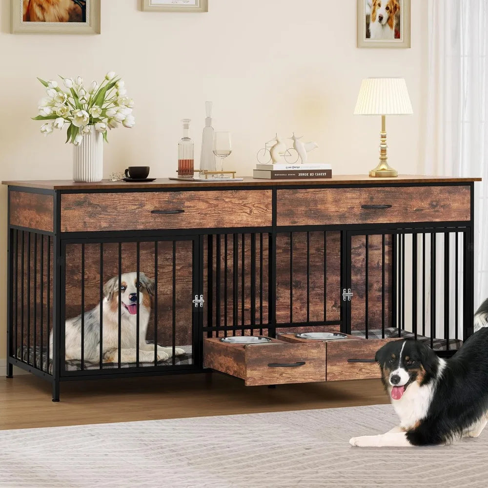Double Dog Crate Furniture With Feeder Storage Large Breed