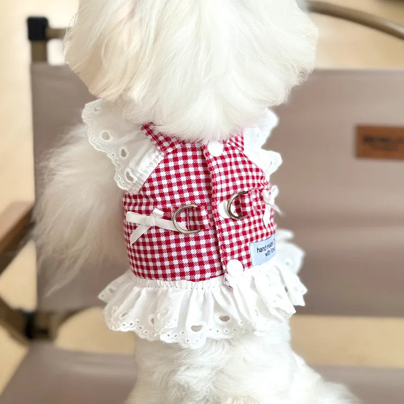 Lace Summer Clothes for Small Dogs Black Red Plaid Harness