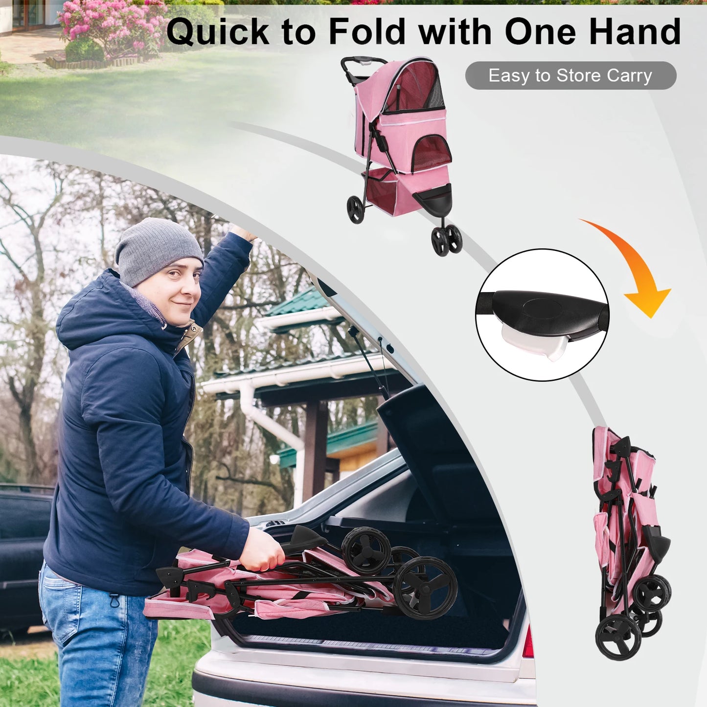 Three Wheel Foldable Pet Stroller For Dogs And Cats With Storage Basket And 360 Degree Swivel Handle