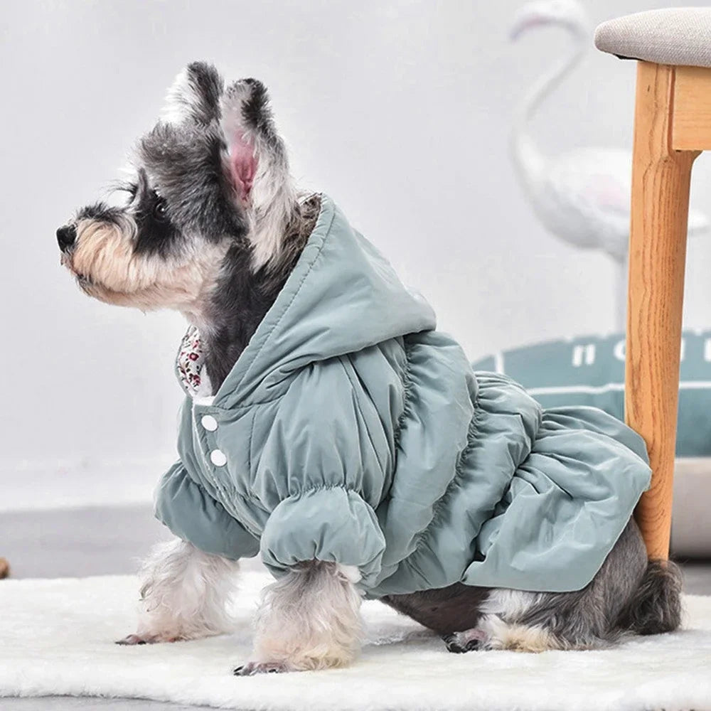 Winter Warm Dog Dress Floral Bubble Skirt Hooded Coat