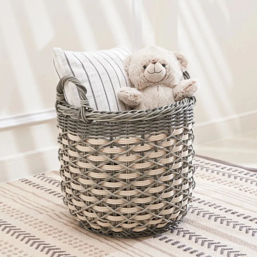 Zita Round Resin Woven Wicker Multi Use Storage Basket with Handles 18 Inch x 18 Inch x 19.6 Inch White Gray for Towel Toys Magazines
