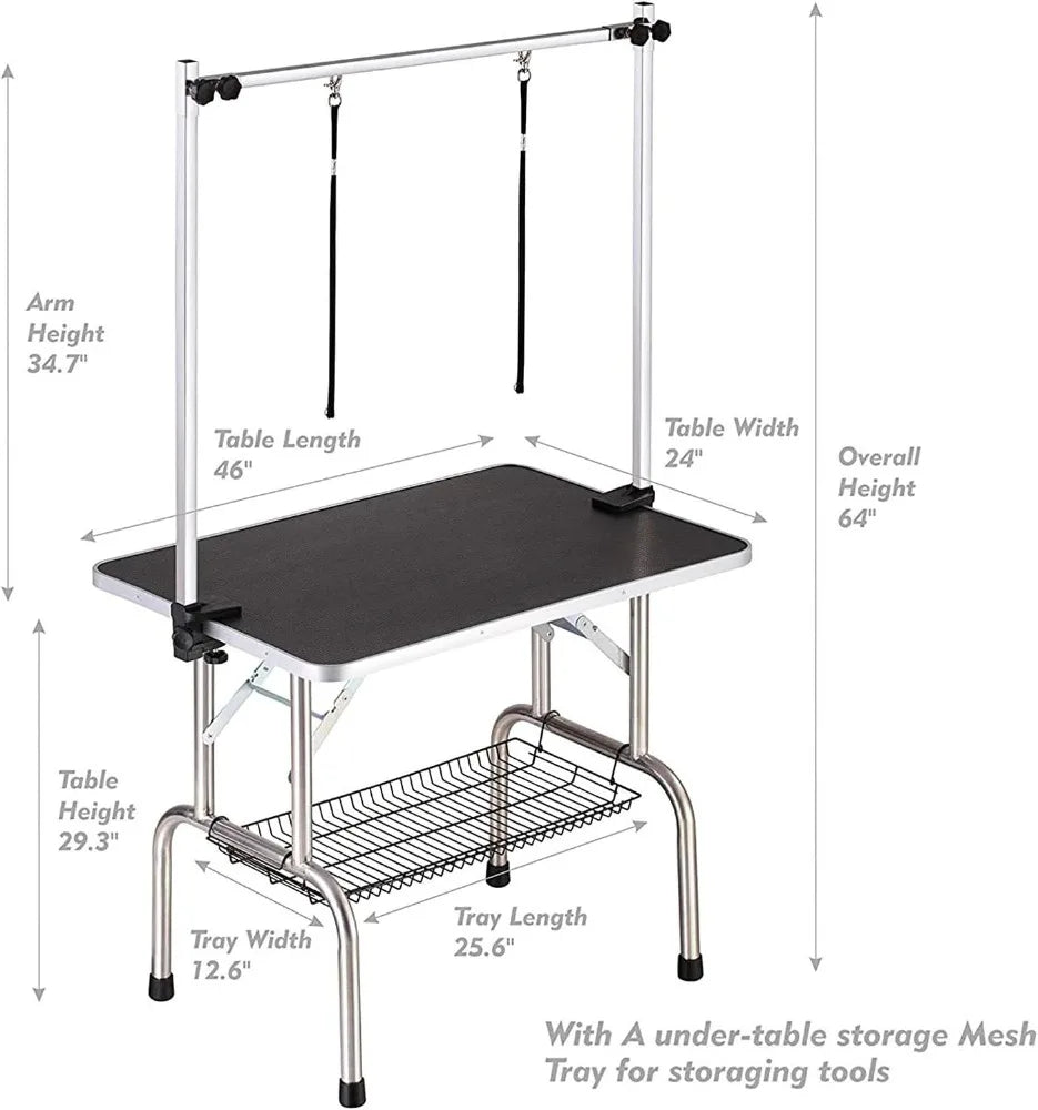 46 Inch Dog Grooming Table Foldable With Adjustable Arm And Noose, Storage Mesh Tray, Supports Up To 330 Lbs
