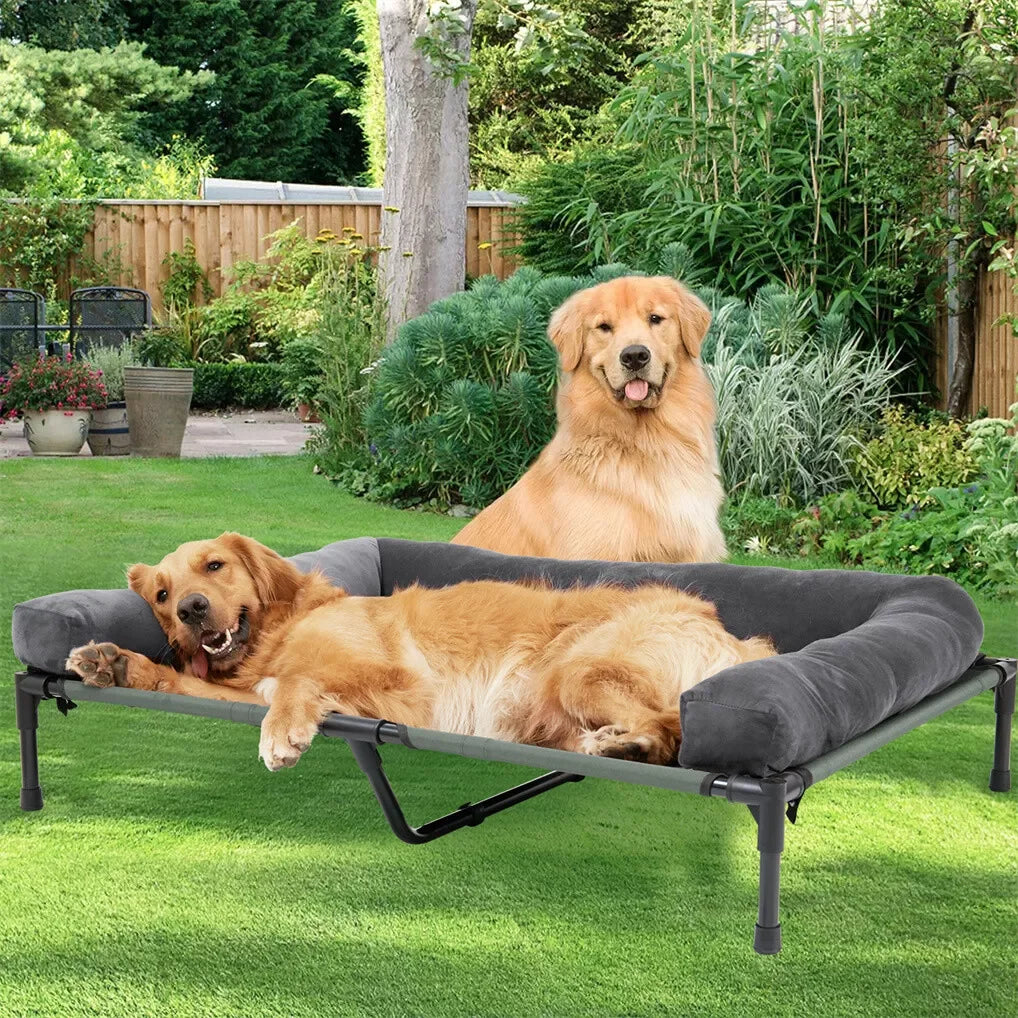 BINGOPAW Outdoor Elevated Dog Bed Cooling Raised Pet Lounger Mesh Cot Sleep Camping Bed with Detachable Plush Bolster
