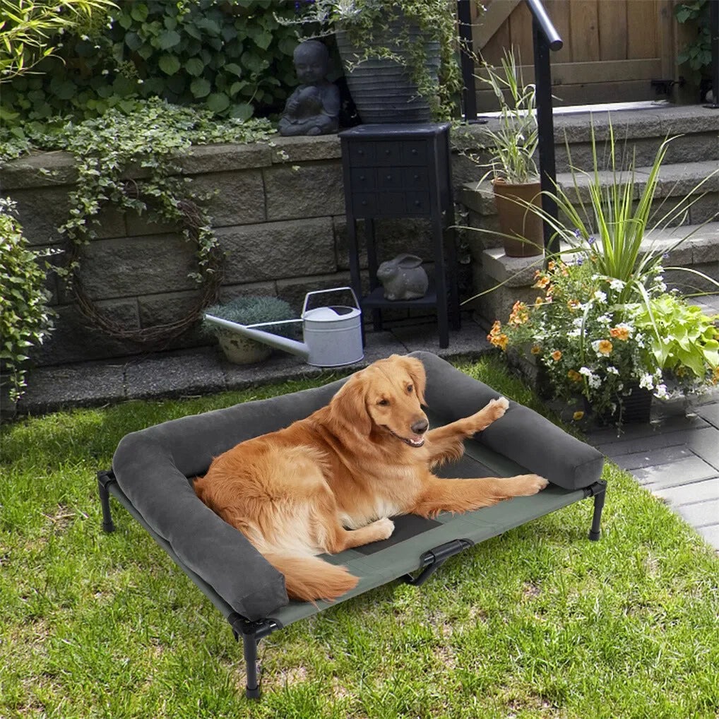 BINGOPAW Outdoor Elevated Dog Bed Cooling Raised Pet Lounger Mesh Cot Sleep Camping Bed with Detachable Plush Bolster