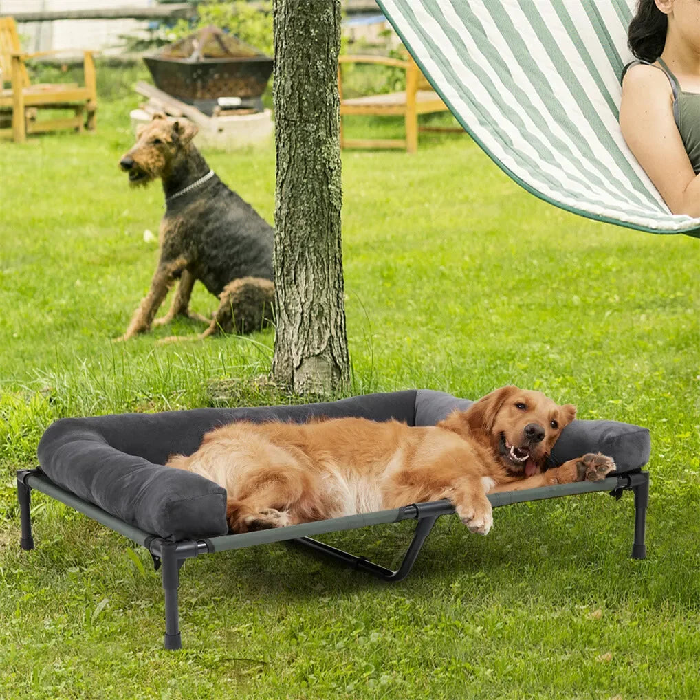 BINGOPAW Outdoor Elevated Dog Bed Cooling Raised Pet Lounger Mesh Cot Sleep Camping Bed with Detachable Plush Bolster