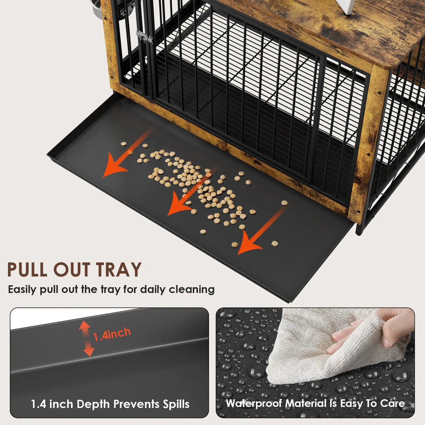 Wooden Dog Crate Furniture With 360 Rotatable Removable Bowls End Table Tray Double Doors Kennels For Medium Indoor Dogs