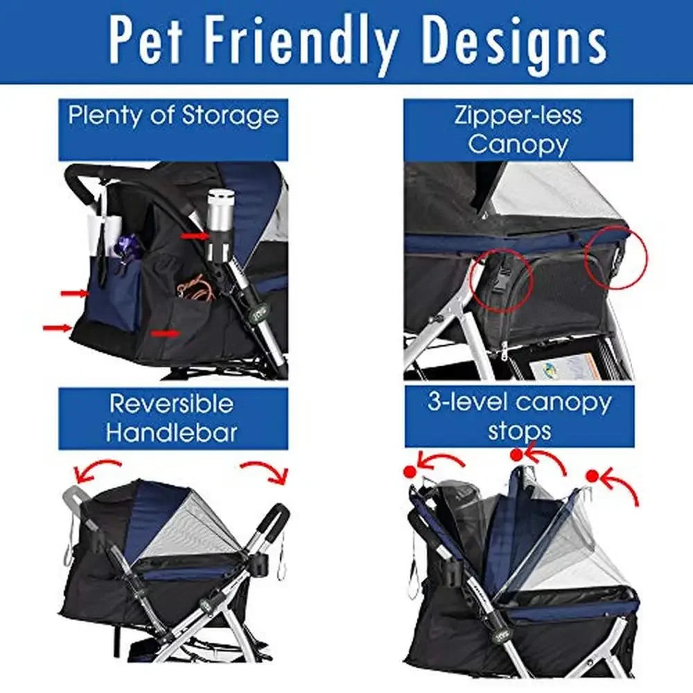 Heavy Duty Dog Cat Stroller With Convertible Compartment Reversible Entry And Brake System For Travel And Shopping