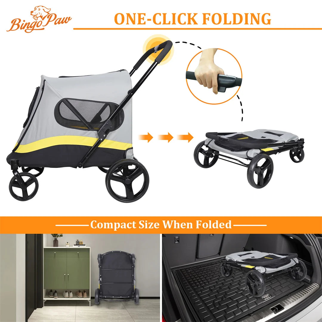 Foldable Dog Stroller With Four Heavy Wheels Pet Travel