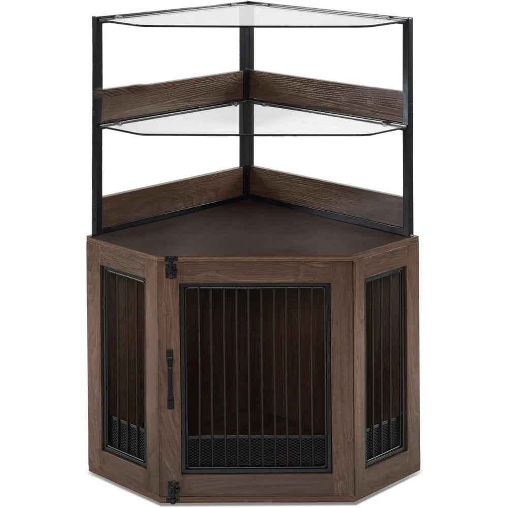 Small Corner Dog Crate Furniture with Glass Shelves Wooden Dog Kennel Indoor Use Brown