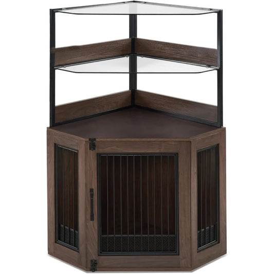 Small Corner Dog Crate Furniture with Glass Shelves Wooden Dog Kennel Indoor Use Brown