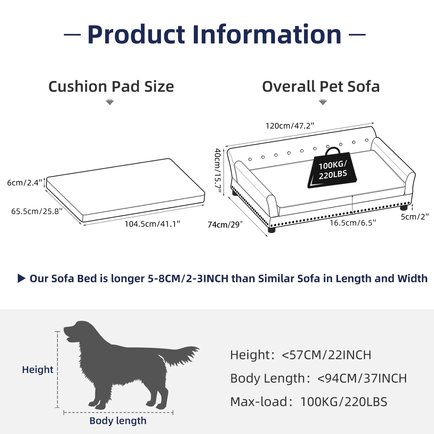 Luxury Velvet Tufted Dog Sofa Bed Large Elevated Pet Bed Upholstered Cushion Wooden Frame Couch
